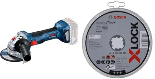 Bosch Professional 06019H9001 System GWS 18V-7 Cordless Angle Grinder + 10x Straight Cutting Disc Standard (for INOX, Stainless Steel, X-Lock, Ø 125 mm, Bore Ø 22.23 mm, Thickness 1 mm, Accessories)