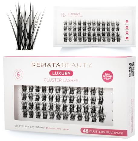 Renata Beauty Luxury Look 48er-Multipack Cluster-Wimpern zur DIY Wimpernverlängerung - Wimpernbüschel Extensions ultra-dünnes Band - Wiederverwendbare, langlebige Wimpern-Cluster - LUXURIÖSER Look