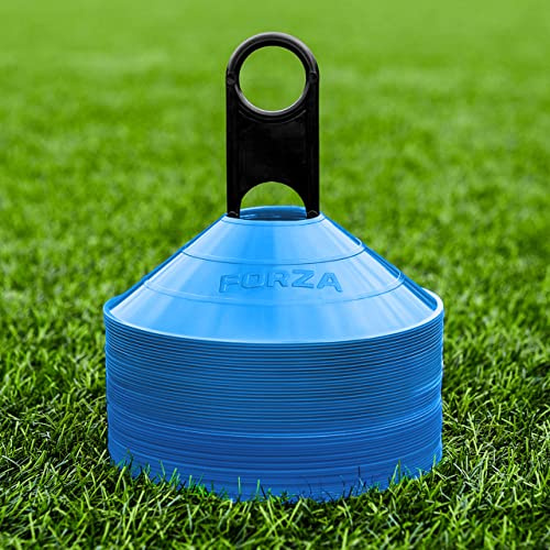 FORZA Träningsmarkörskoner [50-pack] – 9 färgalternativ | träningskoner och stativ av premiumkvalitet | multisport – rugby/netball/fotbollskoner | sportutrustning (himmelsblå)