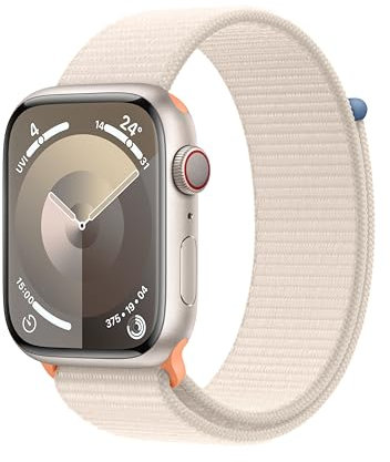 Apple Watch Series 9 (GPS + Cellular, 45 mm) Smartwatch mit Aluminiumgehäuse und Sport Loop Armband in Polarstern. Fitnesstracker, Blutsauerstoff und EKG Apps, Always-On Retina Display, CO₂ neutral