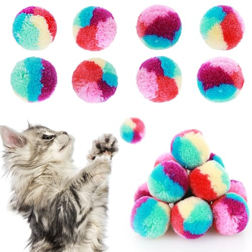 Amaxiu 20 pcs Juguetes de Pelotas para Gatos con, 3cm Pelotas coloridas con pompones para gatos, juguete para gatos de arcoíris, juguete interactivo de entrenamiento para gatos