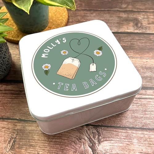 Square Tea Storage Daisies Cute Green Personalised Tea Bags Tin Personalised Gift | Custom Gift | Personalized Tin | Personalised Tins | Gift For Her | Gift For Him