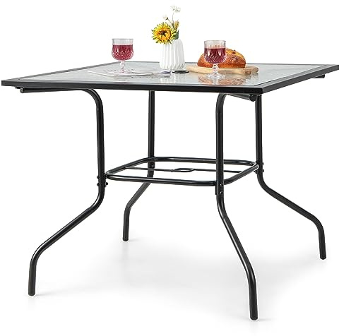 KOMFOTTEU Fyrkantigt sidobord, trädgårdsbord med paraplyhål, bistrobord med glasplatta och metallram, matbord kan belastas upp till 80 kg, för balkong, terrass, trädgård, svart (89 x 89 x 72 cm)