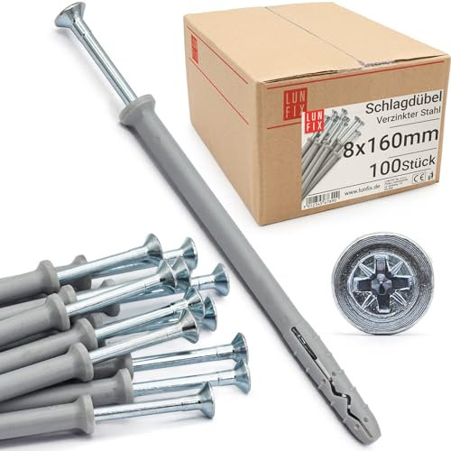 Lun Fix Tasselli a percussione 8,0 x 160 mm, 100 pezzi, tasselli, viti per telaio, tasselli per montaggio rapido, tasselli, vite a percussione, testa svasata