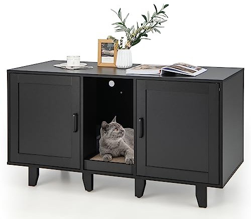 COSTWAY Cat Litter Box Enclosure, Wooden Kitty Hidden Washroom Toilet with Scratching Board, 2 Cabinets and Detachable Legs, Indoor Cats House TV Stand End Table