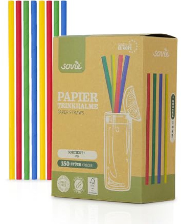 Mank Trinkhalme aus Papier, Papiertrinkhalme, Papier, Papphalme Umweltfreundlich, Robust & Vielseitig einsetzbar, Strohhalme (150, Gelb, Rot, Grün, Blau, Ø 8 mm / 20 cm)