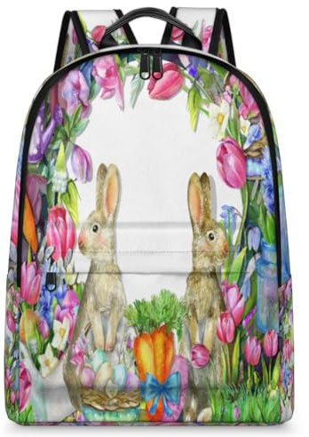 TropicalLife Frühlings-Osterhasen-Blumen-Rucksack für Männer, Frauen, Kinder, Mädchen, Jungen, Osterrucksack, großes Fassungsvermögen, 23,5 l, Rucksack, Schule, Büchertasche, Reisen, lässig,