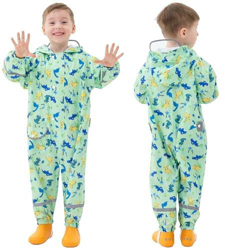 Fewlby Kids Rain Suit for Boys Girls Toddler Raincoats One Piece Hoodie Cartoon Coverall Waterproof Rainwear M Size