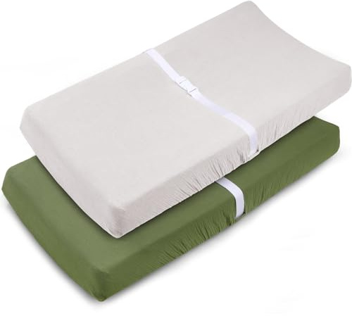 PET REJOIR Muslin Changing Pad Cover for Baby Girls Boys-2 Pack 17x 33 Cotton Soft Diaper Changing Pad Cover-Breathable Changing Pad Sheets-Neutral Boho Olive Green & Beige