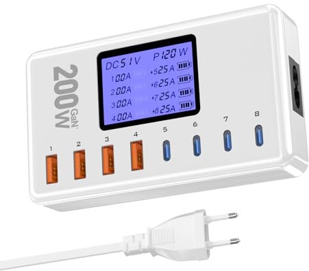 Stazione di ricarica da 200W,Caricatore USB Multiplo con 4 porte Caricatore USB C e 4 porte Caricatore USB,Caricabatterie supporta la PD/PPS/QC,Alimentatore USB per iPhone 16,Samsung,Pixel,iPad,ecc.