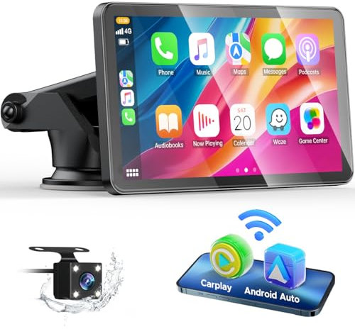 HOTPEAK Wireless Car Stereo for Apple Carplay with Rear Camera,7 Portable Touch Screen Android Auto for Cars,Car Radio Receiver with Bluetooth, FM, AUX,Voice Assistant, Map Navigation