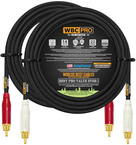 20 Foot RCA Cable Pair - WBC-PRO-LOCAP Lowest-Capacitance (14pF/ft) 22 AWG Ultra-Silent Audiophile & Professional-Grade Audio Interconnect Cable with Amphenol ACPR Gold RCA Plugs & Black Tweed Jacket