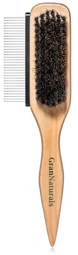 GranNaturals Boar Bristle Slick Back Hair Brush w/ Comb for Smoothing Sleek Ponytail Bun - Wide Rat Tail & Metal Comb Hairbrush for Parting, Teasing, Backcombing, Sectioning, Edge Control, Flyaways