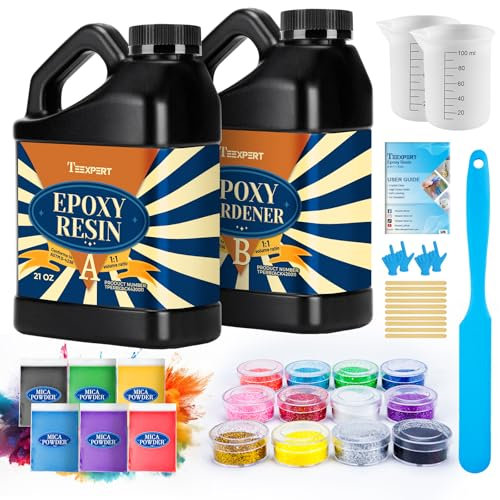 Teexpert Epoxy Resin Kit 1.2L, Clear Epoxy Resin and Hardener with 6 Mica Powder & 12 Resin Glitters, High Gloss Casting Bubble Free for Jewellery Making, Casting Moulds