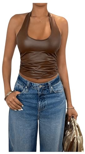 Floerns Women's PU Leather Sleeveless Scoop Neck Halter Top Ruched Slim Fit Vest Top Brown Large
