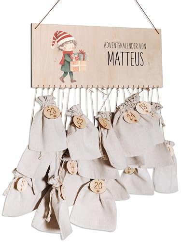 Bärenfreunde® - Personalisierter Adventskalender zum selber befüllen - mit kinderfreundlichem Druck auf Holz - mit Juteschnur Jutesäckchen und Holzzahlen (Junge mit Geschenken)