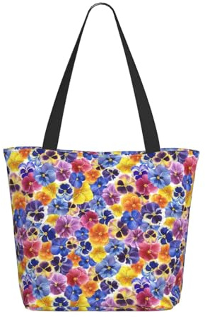 Bolsa de mano tricolor de flores de pensamiento para mujer, bolsa de lona ligera y reutilizable con cremallera, bolsa de algodón con correa de mano a granel para bolsas de comestibles, bolsas de