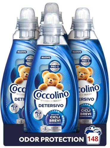 Coccolino Wonder Wash, Detersivo Lavatrice Liquido, Odor Protection, Efficace nei Cicli Brevi da 15 Minuti, Anche a Freddo, con Agenti Anti Odore, Pulizia Profonda, 37 Lavaggi, 4 Pezzi da 1480 ml