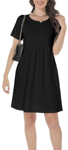 GRECERELLE Women's Clothing, Dresses for Women, Summer Mini Dress Casual Short Sleeve Crew Neck Pleated with Pocket for Ladies (Black, L)