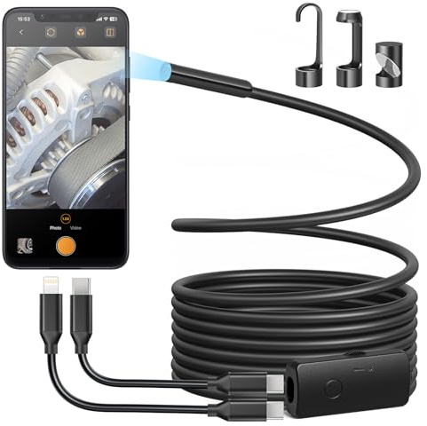Anykit Endoscope Camera with Light, 1920P HD Borescope with 8 Adjustable LED Lights, Semi-Rigid Snake Camera with Light, IP67 Waterproof Inspection Cam for iPhone & Android, 9.8 ft Single Lens