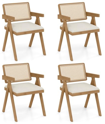 Giantex Rattan Dining Chairs Set of 4, Fabric Kitchen Chairs w/Armrests & Padded Cushion, Rubber Wood Frame, Mid Century Armchairs, Modern Accent Side Chairs for Bedroom, Reading Room, Beige