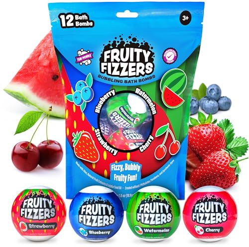 Tub Works® Fruity Fizzers™ Bubbling Bath Bombs for Kids, Variety 12 Pack | Dye-Free & Naturally-Derived | Gentle Kids Bath Bombs for Fizzy, Fruity, Bubbly Fun | Toddler BathBombs with Fruit Extracts