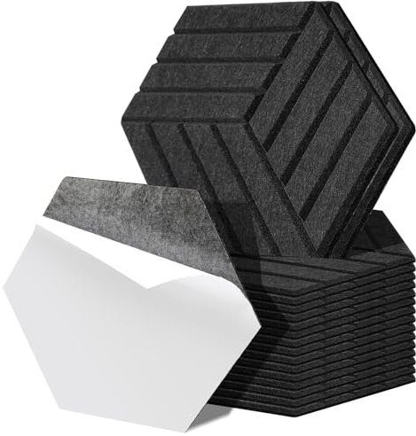 Fiqops 36er Hexagon Akustikpaneele Selbstklebend Akustikplatten Schwarz Hohe Dichte Schallabsorber Platzsparend für Wanddekoration und Schallschutz,Studio und Home Deko (30x26x0.9cm)