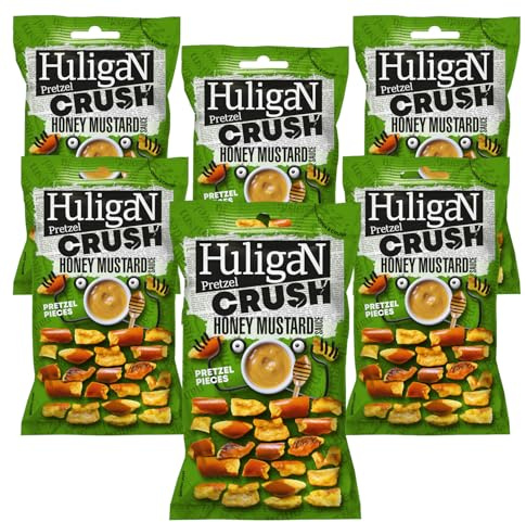 Huligan Honey-Mustard Pretzels 65G x Pack of 6 - Baked Pretzel Thins Savoury Snacks Bulk Healthy Vegetarian Snack Box Crisps Multipack