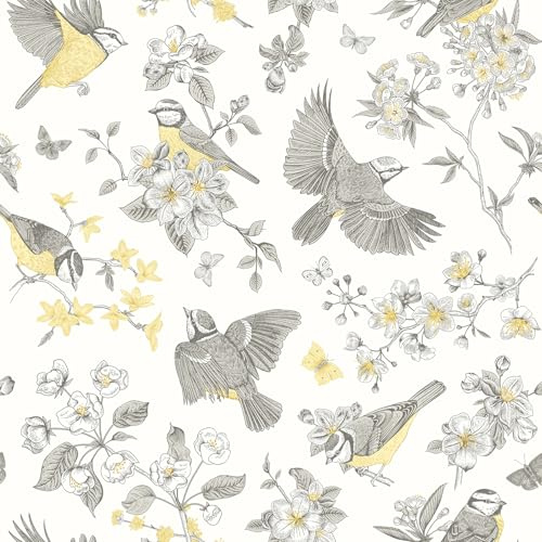 VEELIKE Tapete Blumen Vögel Gelb Anthrazit Vogel Mustertapete 44.5 cm x 300 cm Selbstklebende Tapete Vintage Fototapete Blumen Weiß Muster Tapeten Wohnzimmer Schlafzimmer Wand Dekoration Abnehmbar