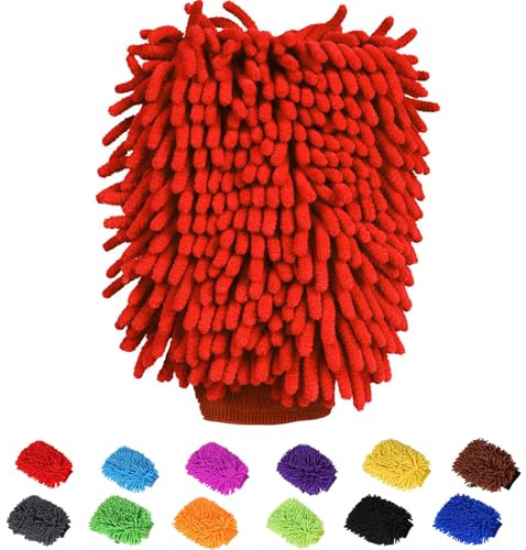 BOLTRY Car Wash Mitt Chenille Microfiber Super Absorbent, Premium Car Washing Gloves for Cleaning Cars, Trucks, Motorcycles (Red)