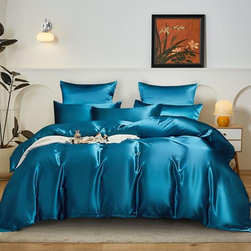 YASMENG Biancheria da letto in raso 200 x 200 cm, tinta unita, satinato, lucido, liscio, set copripiumino morbido, setoso, 3 pezzi, con chiusura lampo e 2 federe da 80 x 80 cm