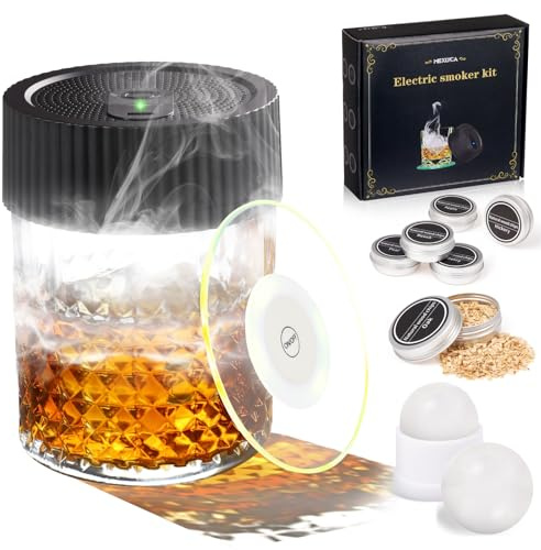 Mexlyca Electric Whiskey Smoker Kit - with 6 Flavors Wood, No Butane Needed Electric Cocktail Smoker Kit, Drink Smoker Kit Gifts for Men/Dad/Husband - with Ice ball molds and LED illuminated coasters