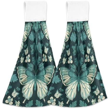 tplaotee William Morris Butterfly Teal Hand Towels with Hanging Loops 2 Pack Child washcloths Dish Cloths White