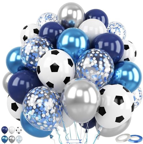 Ovanda 30 Fußball Luftballons Blau Weiß für Kindergeburtstag & Sportparty | Aus Latex, 30 Ballons in Blau, Weiß, Silber und Transparent mit Fußballmotiv; für WM, Sport und Fußball Mottopartys.