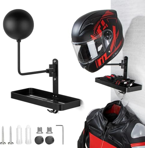 PUERSI Étagère Murale Avec Plateau Pour Casques de Moto et de Vélo, Support Rotatif À 180° Avec 2 Crochets et Plateau de Rangement, Support Mural Pour Casques de Sport, Casquettes, Gants et Accessoire