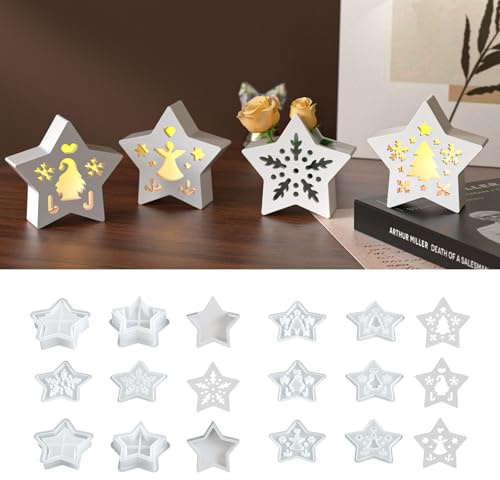 Silikonformen Gießformen Weihnachten, 6 Stück 3D Sterne Silikonform Weihnachten Silikonform Stern mit Wichtel Baum Muster Gießformen Silikon Stern Gießform Sterne Weihnachten für 3D Stern-licht (A)