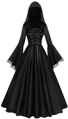 Steampunk, abbigliamento da donna, gotico, con cappuccio, per il cortile vittoriano, maxi abito a tromba, medievale, abito da strega, Halloween, costume da strega, carnevale, vampiro, cosplay, Nero