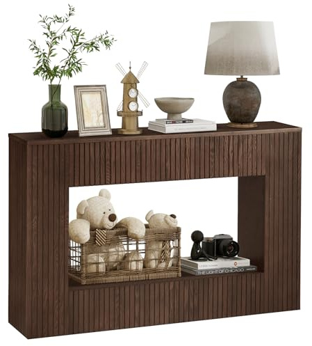 55 Console Table for Entryway, 2-Tier Sofa Entryway Table, Fluted Sofa Tables Behind Couch with Storage, Modern Accent Entry Tables for Living Room, Foyer, Hallway, Walnut