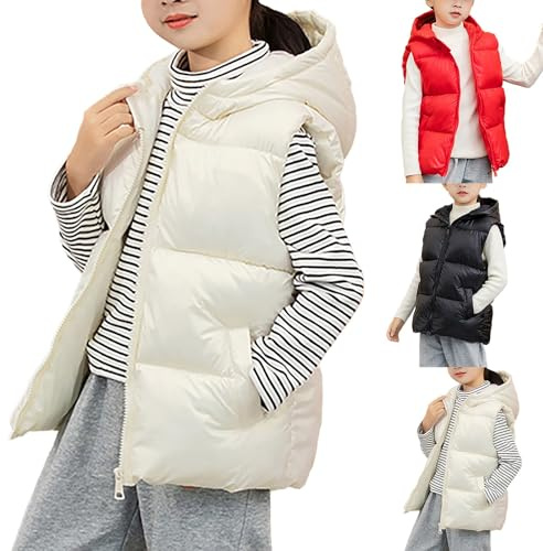 Gilet imbottito caldo per bambini ragazzi ragazze leggero piumino gilet zip up senza maniche trapuntato con cappuccio gilet autunno inverno tinta unita impermeabile antivento giacche, bianco, 4-5