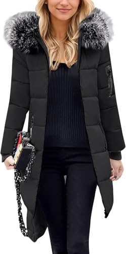Genérico Chaqueta Acolchada con Capucha con Detalle de Peluche en Capucha Largo Medio Tallas Grandes Amplio y Confortable para Invierno y Paseos