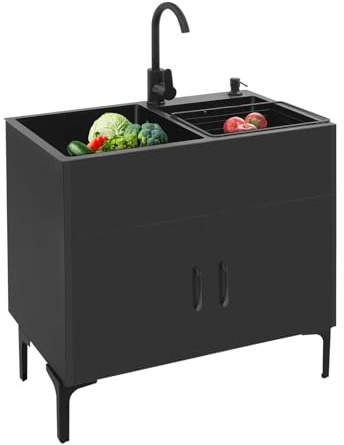 Fregadero de cocina con armario bajo y doble cubeta, de acero inoxidable, con grifo giratorio (caliente/frío), fregadero de acero inoxidable comercial, capacidad de carga de 55 kg, fregadero