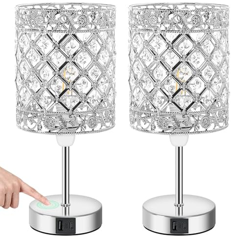 Aomeya Touch Control Crystal Table Lamp Set of 2,with USB-C＆USB-A Charging Ports,3-Way Dimmable Bedside Lamps for Bedroom Living Room E14 Base Bulb Included