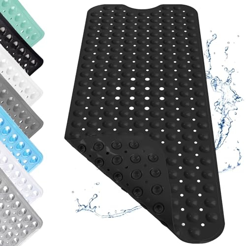 Alfombra de Ducha Antideslizante, 100x40cm Alfombrilla con Ventosas, Extra Larga Alfombrilla Antideslizante Bañera, Esterilla de Ducha de PVC, para Duchas, Bañera, Negro