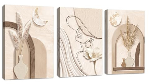3 Pcs Abstrakt Tan Creme Geometrie Pflanzen Leinwand Bilder Mit Rahmen, Neutral Beige Schilf Bild Auf Leinwand Schlafzimmer Minimalistisch Frau Silhouette Wandbilder Wanddeko für Wohnzimmer 40X60cmX3