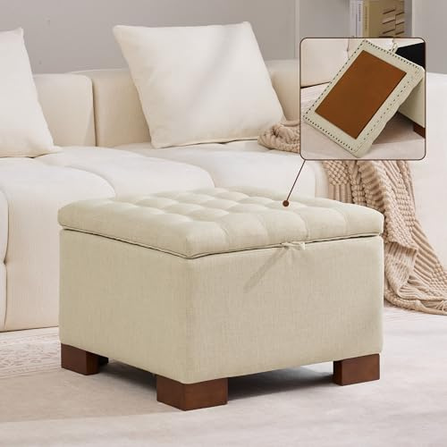WUTUTUEE 24 Fabric Square Storage Ottoman with Wooden Tray, Modern Tufted Button Footstool Coffee Table, Upholstered Small Ottoman for Living Room, Bedroom, Khaki