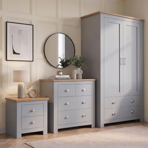 Blisswood 3 Piece Bedroom Set with 2 Door Wardrobe & 2+2 Drawer Chest of Drawers + 2 Drawer Bedside Cabinet Bedroom Furniture Set for Storage furniture (Grey & Oak)