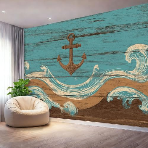 Papier Peint Panoramique Rétro Vagues Bleu Marine Planches De Bois Poster Mural Pour Salon Chambre Bureau Appartement - Bleu Papier Peint Intissée Décoration, 250 x 175 cm Geant 3D Murales
