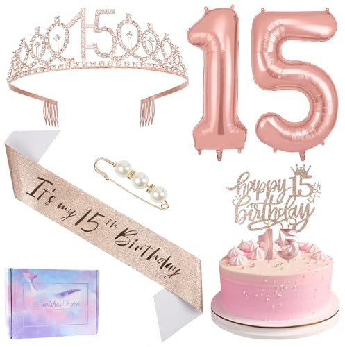 Ainiv 15° Compleanno Corona Oro Rosa, Cake Topper Happy 15th Birthday, Fascia e Tiara per il Compleanno, Candele e Palloncini con Numeri in Oro Rosa, Regali di Compleanno e Decorazioni per Feste