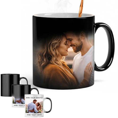Personalisierte Zaubertasse mit Foto, Farbwechsel Tasse 325ml Keramik, Fototasse selbst gestalten, Magic Mug Thermobeschichtung, Tasse personalisiert Foto, Geschenk für Männer Frauen (Schwarz)