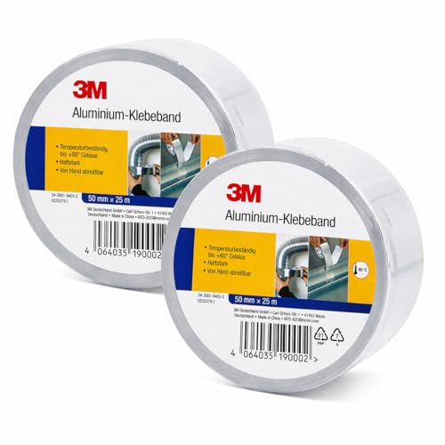 3M Aluminium-Klebeband 50 mm x 25 m, 2 Rollen, Alu-Klebeband selbstklebend, temperaturbeständig bis +60 °C, haftstark, von Hand abreißbar, für Lüftung, Isolierung, Reparatur und Abdichtung